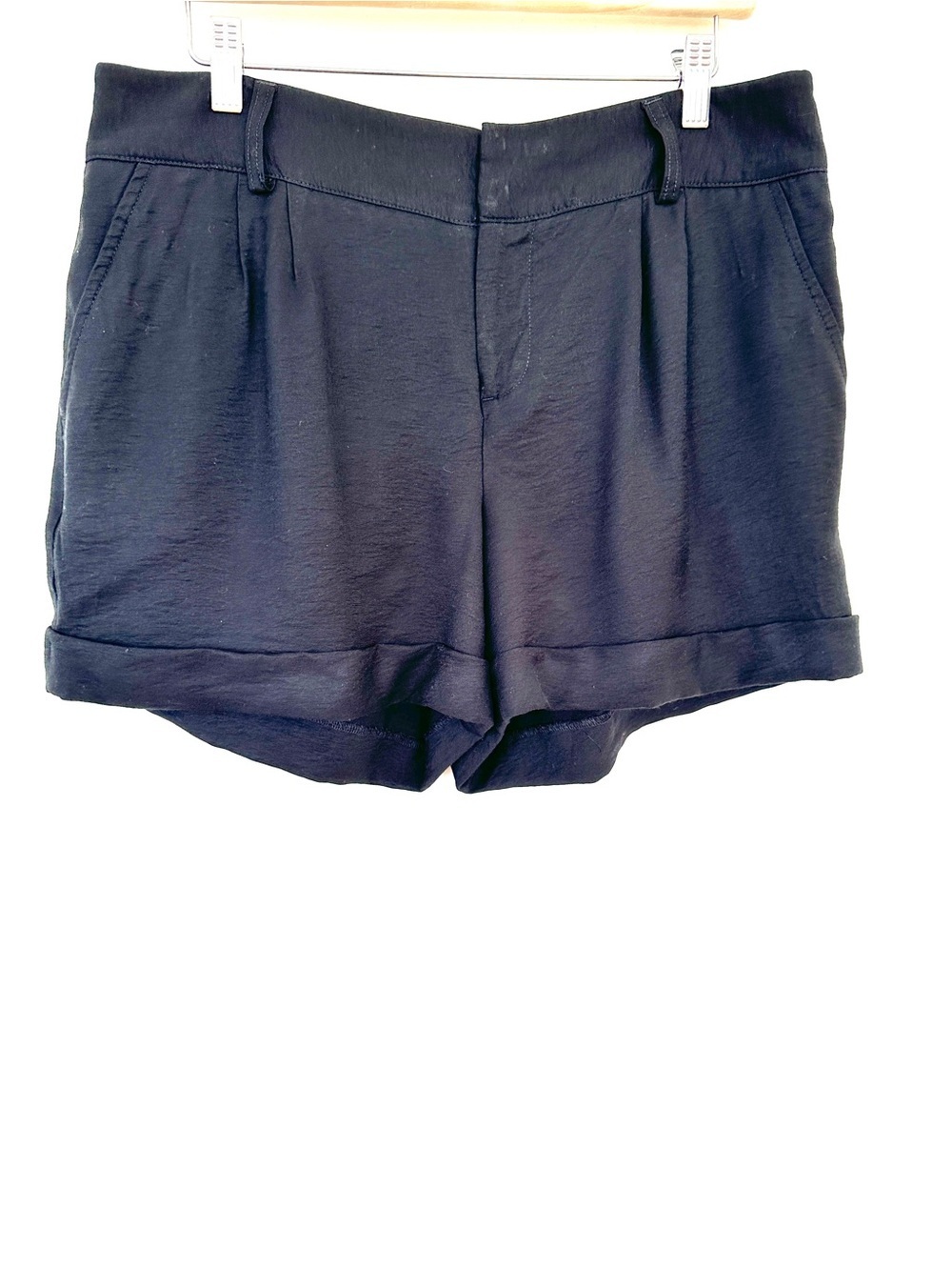 Elle Classic Black Womens Cuffed Hem Shorts, High-waisted with Pleats